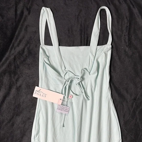 Oh Polly Mint-Green Bodycon Maxi Dress • Lace-Up Bust, Square Neck Sz US 10 - Picture 10 of 11